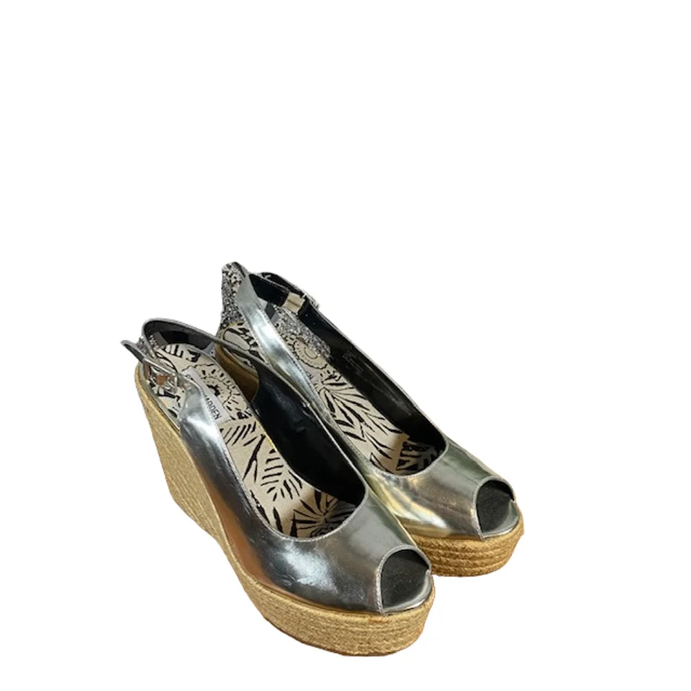 Steve Madden Women Metallic Silver Open Toe Ankle Espadrille Wedge Sandals Sz 10